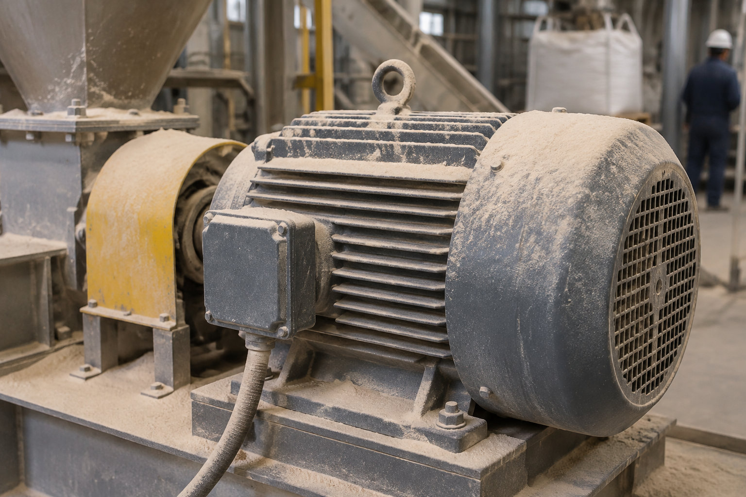 Un gros moteur électrique couvert de poussière est installé dans une usine, près d’un équipement industriel jaune, tandis qu’un ouvrier se tient à l’arrière-plan.