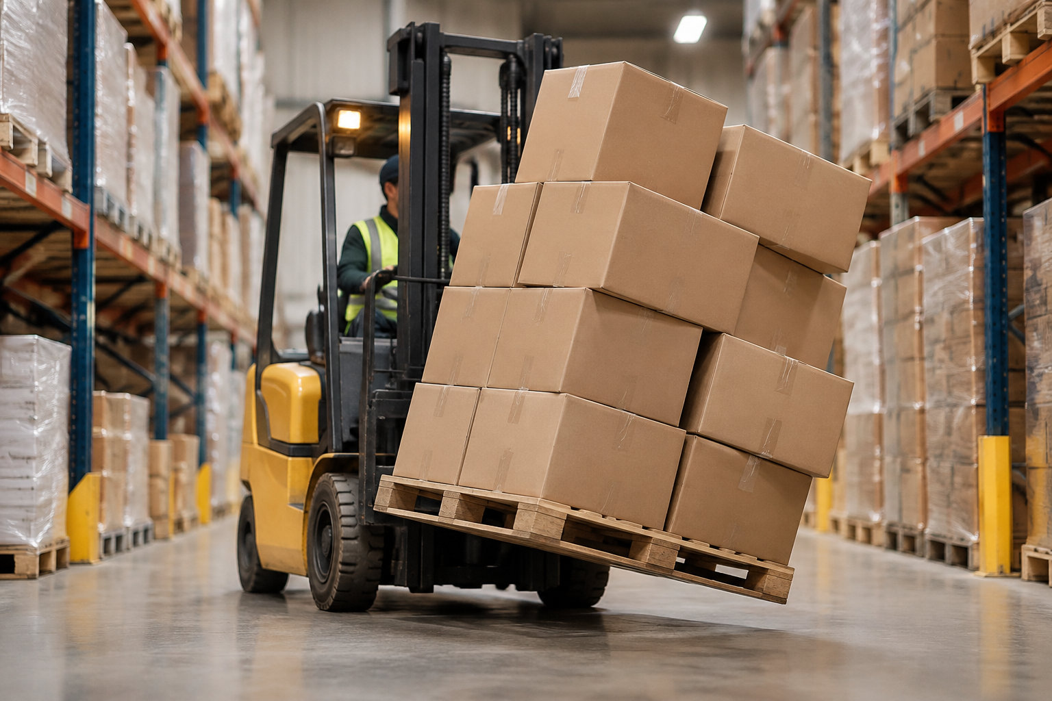 Un chariot élévateur transporte une palette de cartons empilés en déséquilibre dans un entrepôt.