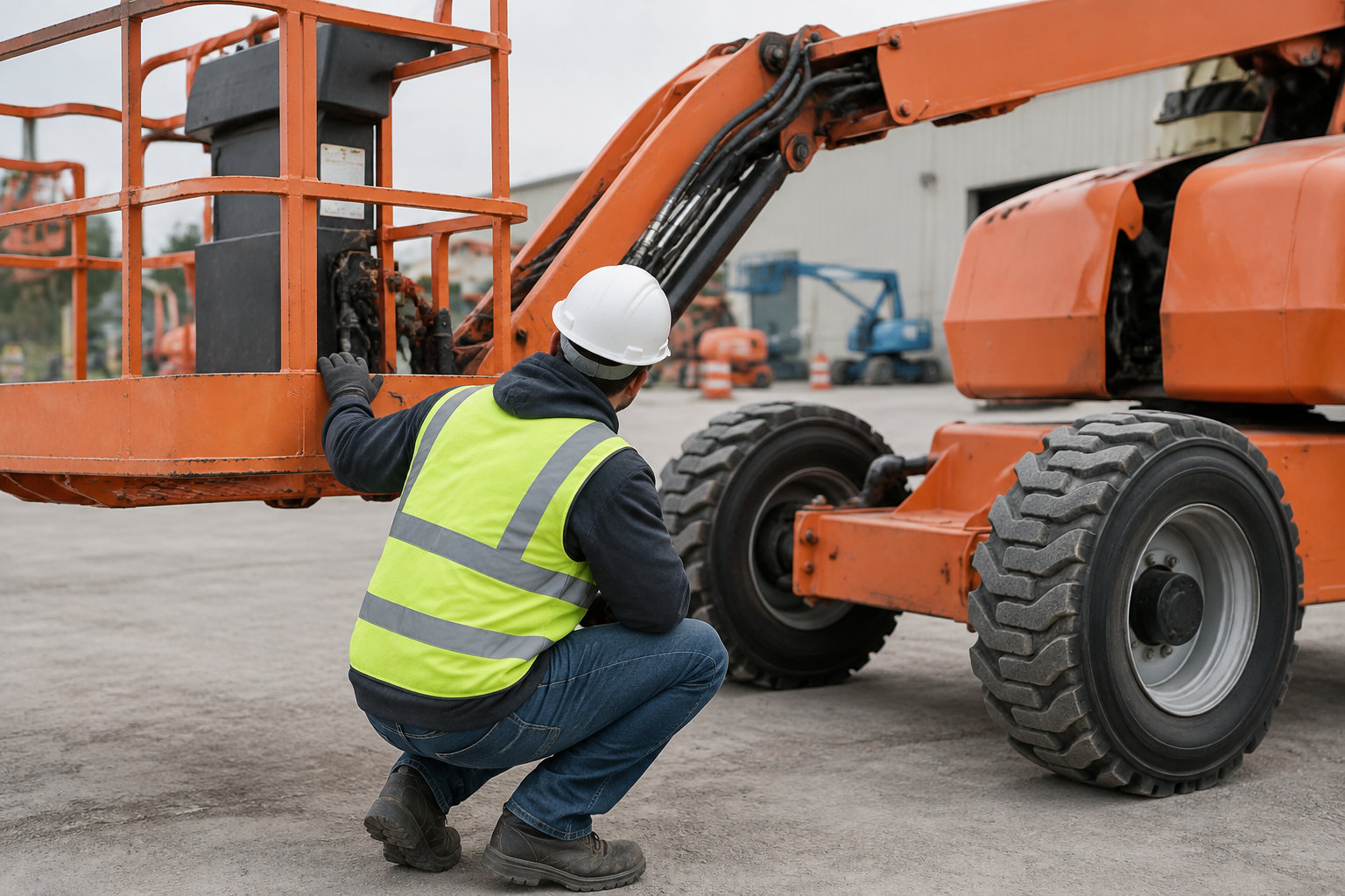 Un ouvrier portant un casque blanc et un gilet fluorescent s’accroupit près d’une nacelle élévatrice orange dans une cour industrielle.