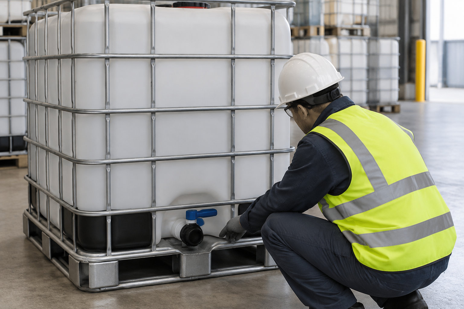 Un ouvrier en casque et gilet haute visibilité accroupi près du robinet d’une grande cuve industrielle dans un entrepôt.
