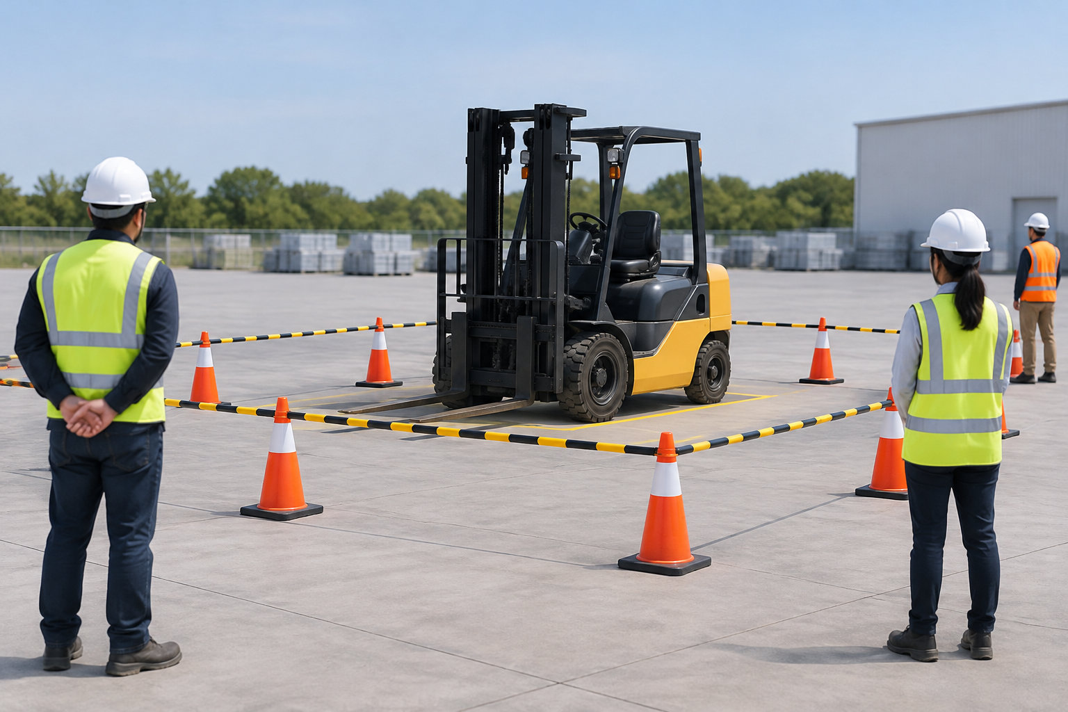 Un chariot élévateur est installé au centre d’une zone délimitée par des cônes et des rubans, tandis que trois personnes en casques et gilets de sécurité se tiennent autour.