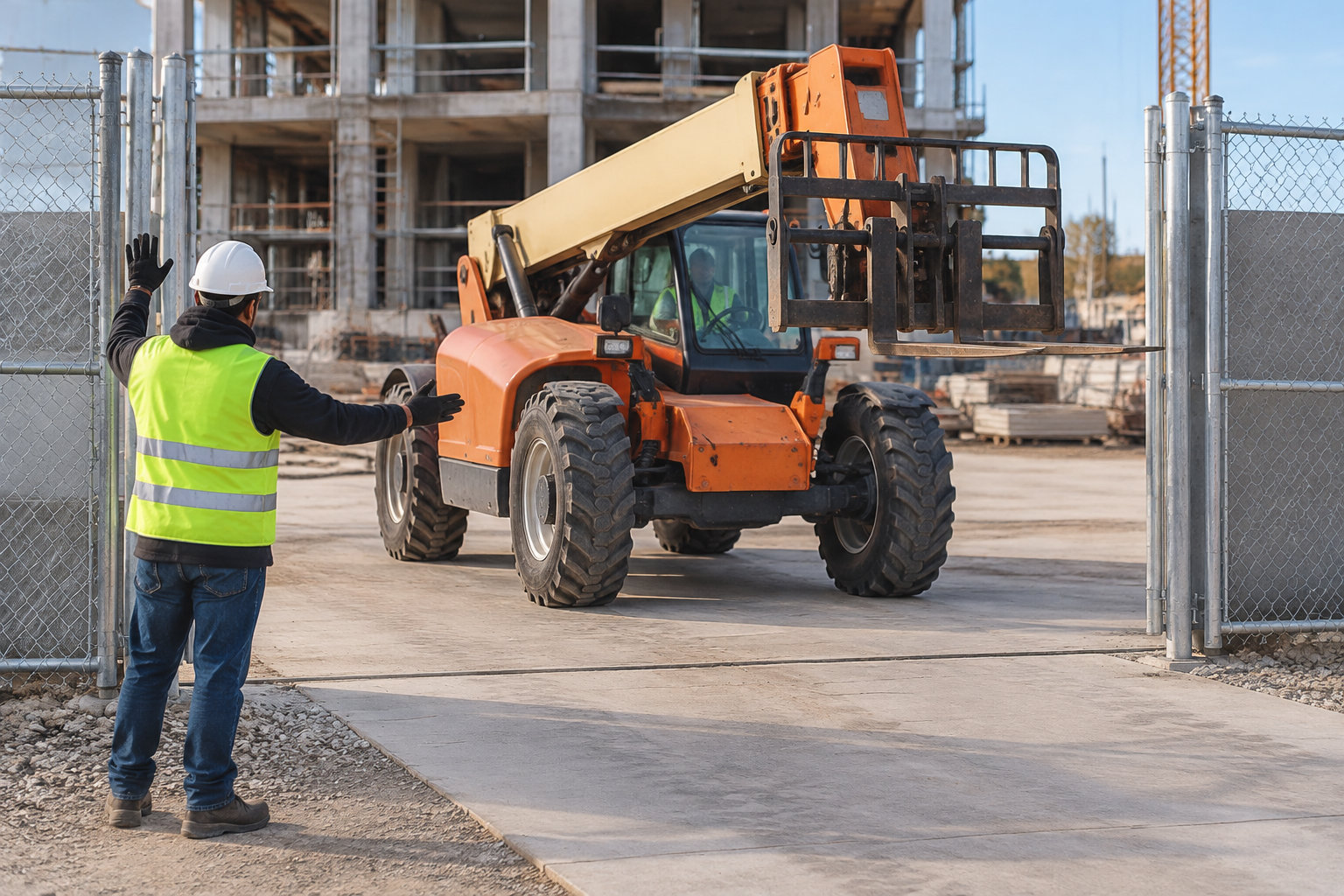 Un ouvrier en gilet fluorescent guide un chariot télescopique orange sur un chantier de construction.