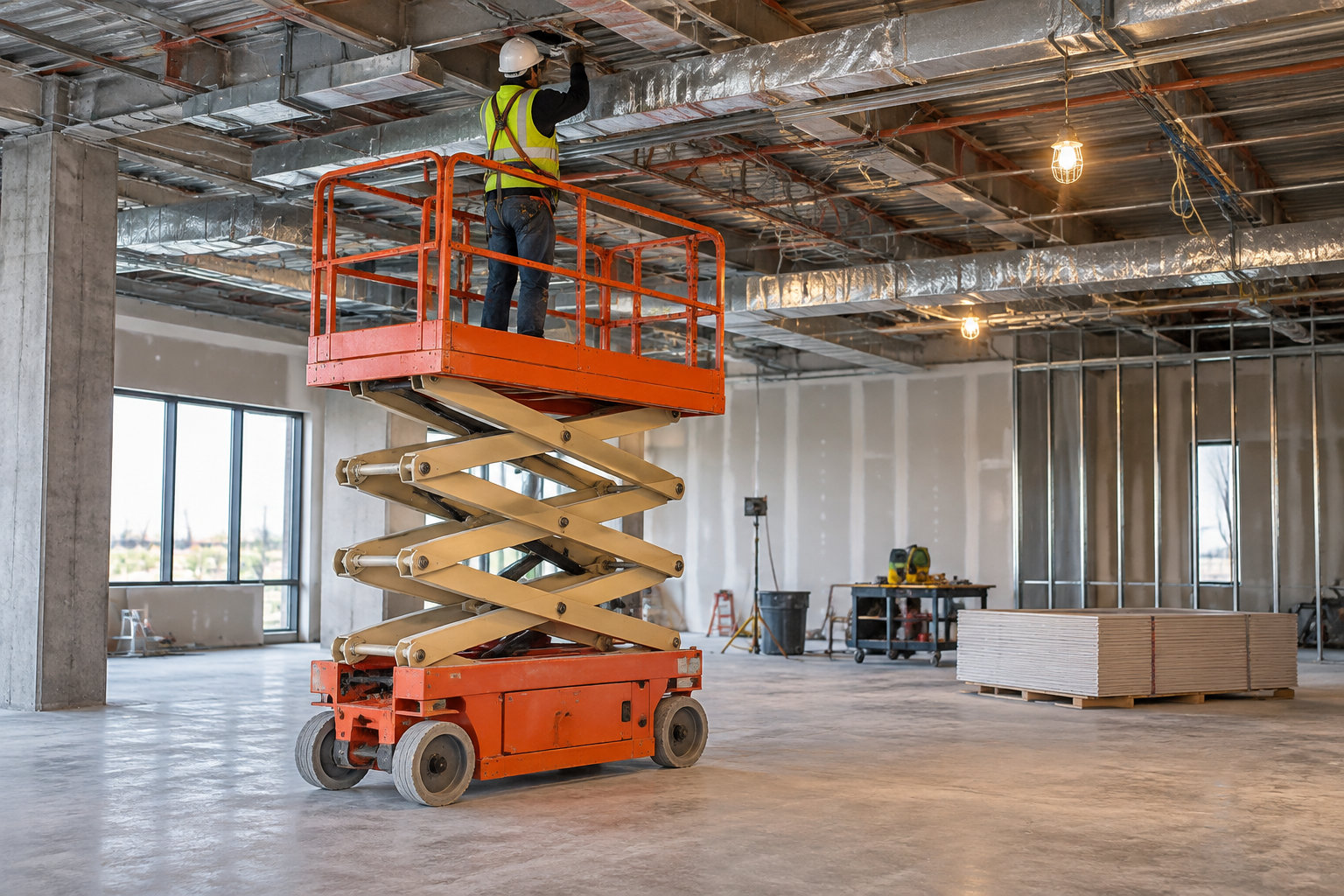 Un ouvrier portant un casque et un gilet fluorescent travaille au plafond depuis une nacelle élévatrice dans un bâtiment en chantier.