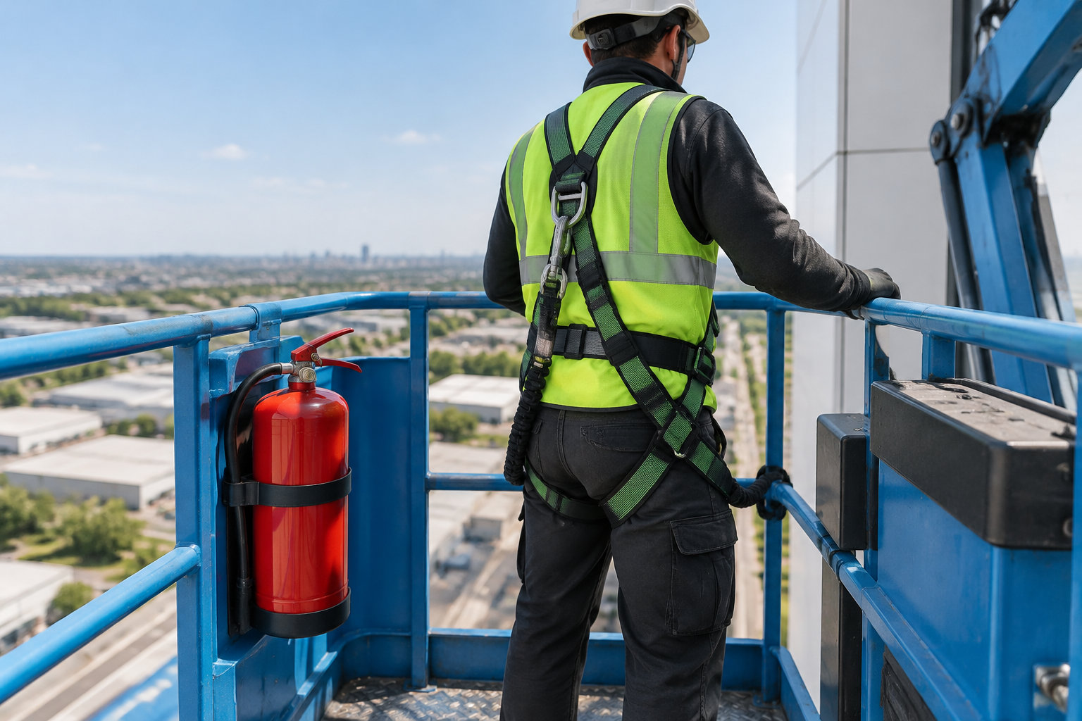 Un ouvrier portant un casque, un gilet fluorescent et un harnais se tient sur une nacelle en hauteur, avec un extincteur rouge fixé à la rambarde.