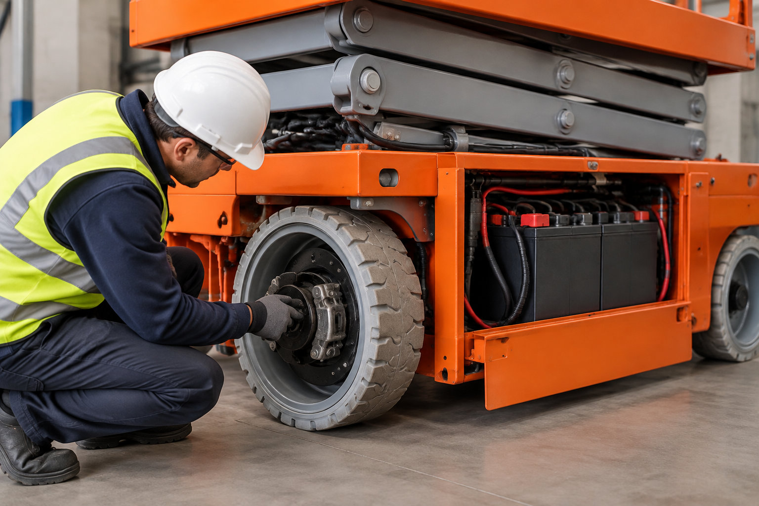 Un technicien en casque et gilet haute visibilité intervient sur la roue d’une nacelle élévatrice orange dans un atelier.