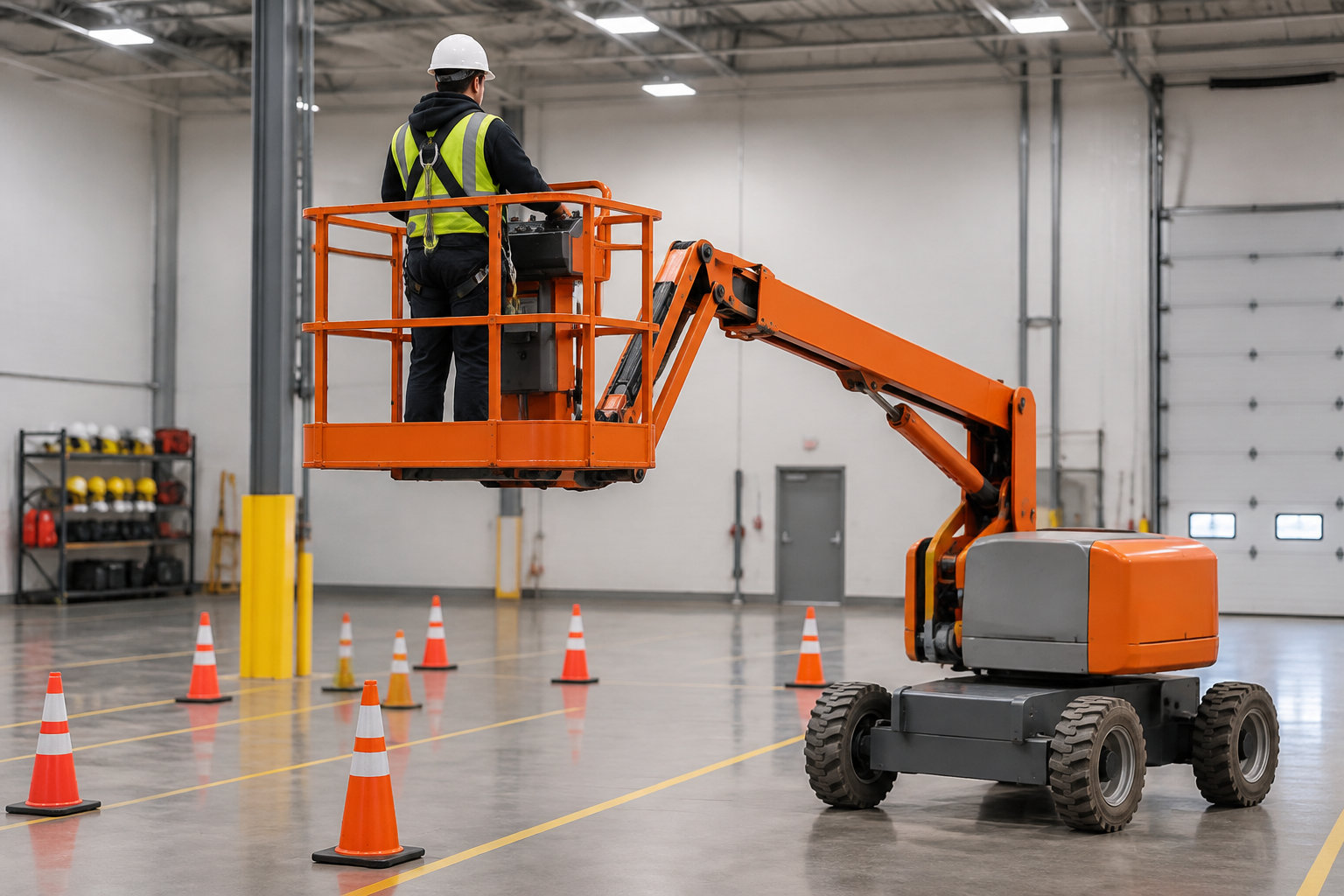 Un ouvrier en casque et gilet de sécurité se tient dans la nacelle d’une plateforme élévatrice orange, au milieu de cônes de signalisation dans un grand entrepôt.
