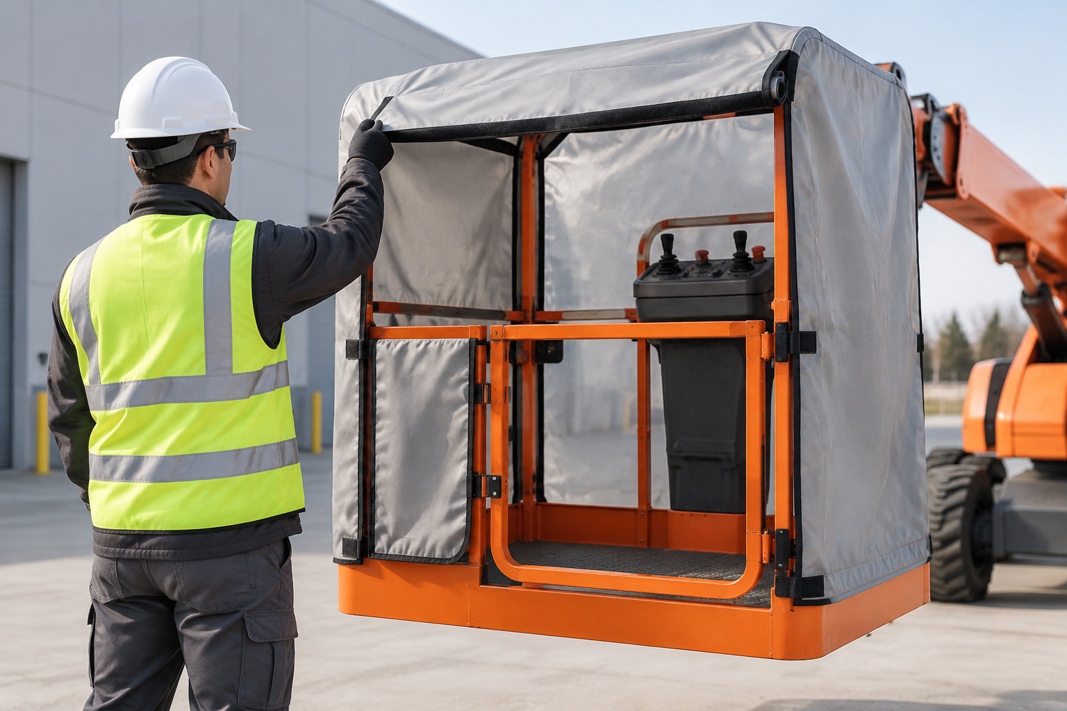 Un ouvrier en casque et gilet de sécurité soulève la bâche d’une nacelle orange sur un chantier.