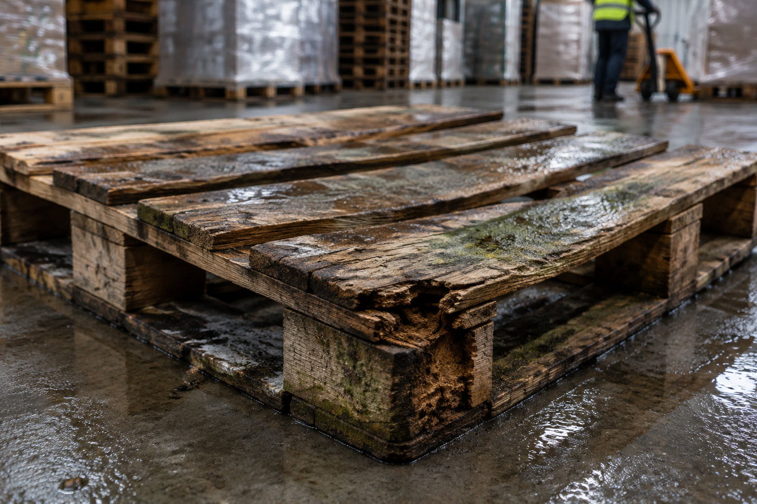 Des palettes en bois usées et humides sont empilées sur un sol mouillé dans un entrepôt, où une personne en gilet fluorescent déplace un transpalette en arrière-plan.