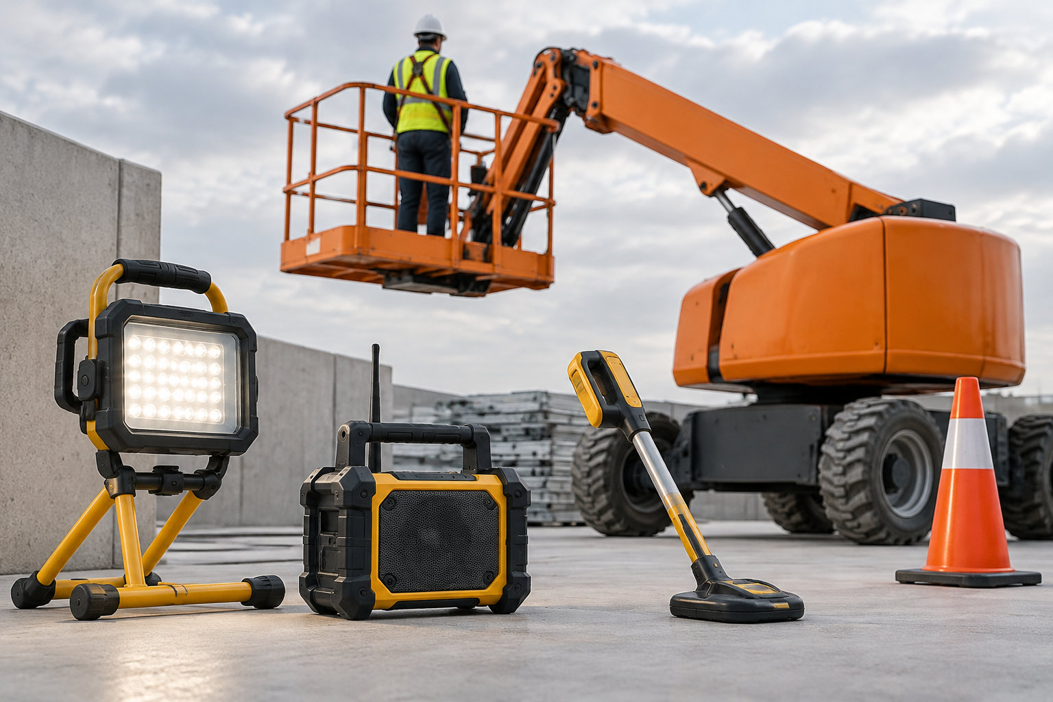 Un ouvrier en gilet haute visibilité se tient dans la nacelle d’une plateforme élévatrice orange, derrière un projecteur, une enceinte portable, un détecteur de métaux et un cône de signalisation posés sur un chantier.