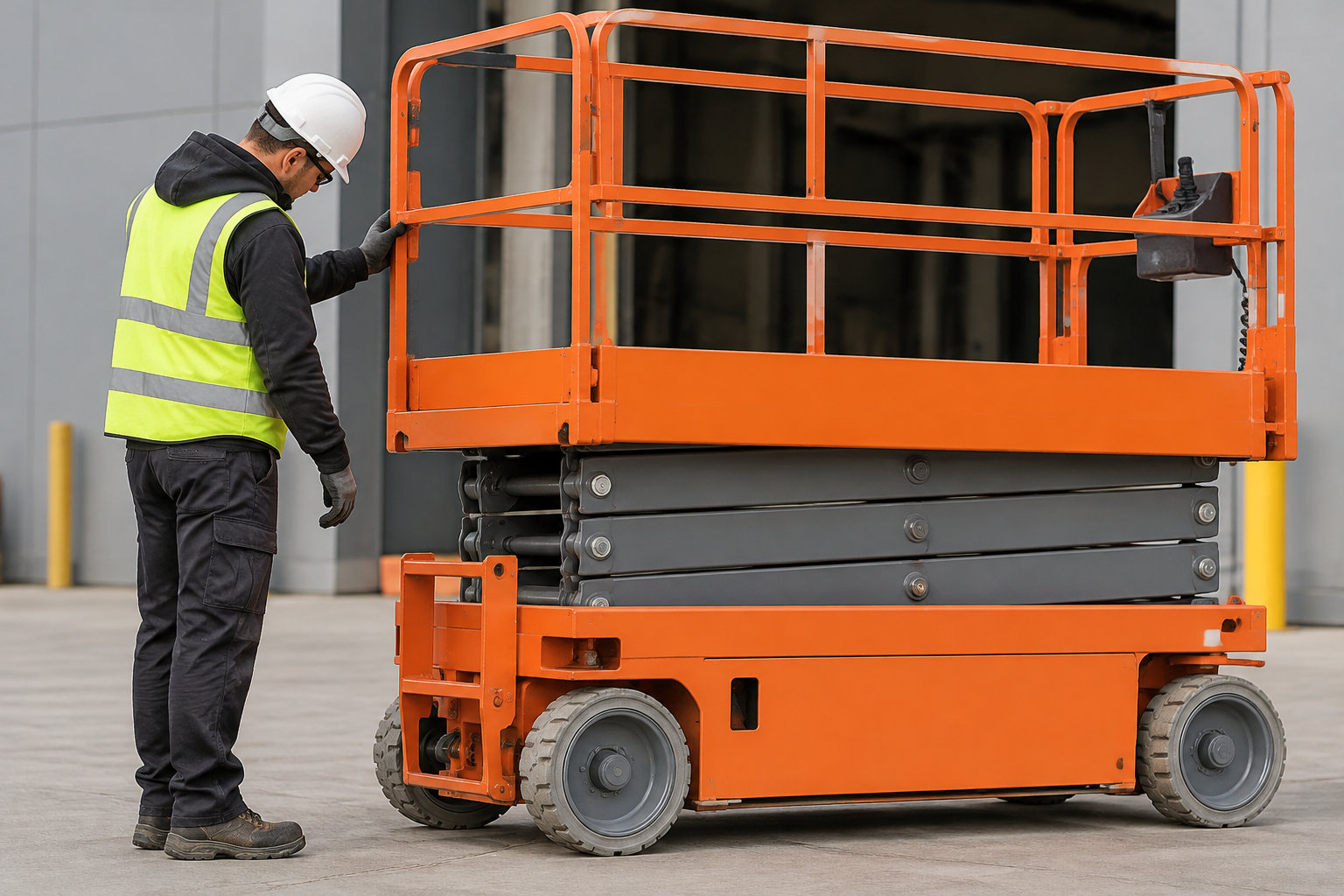 Un ouvrier en casque blanc et gilet fluorescent inspecte une nacelle élévatrice orange repliée devant un bâtiment.