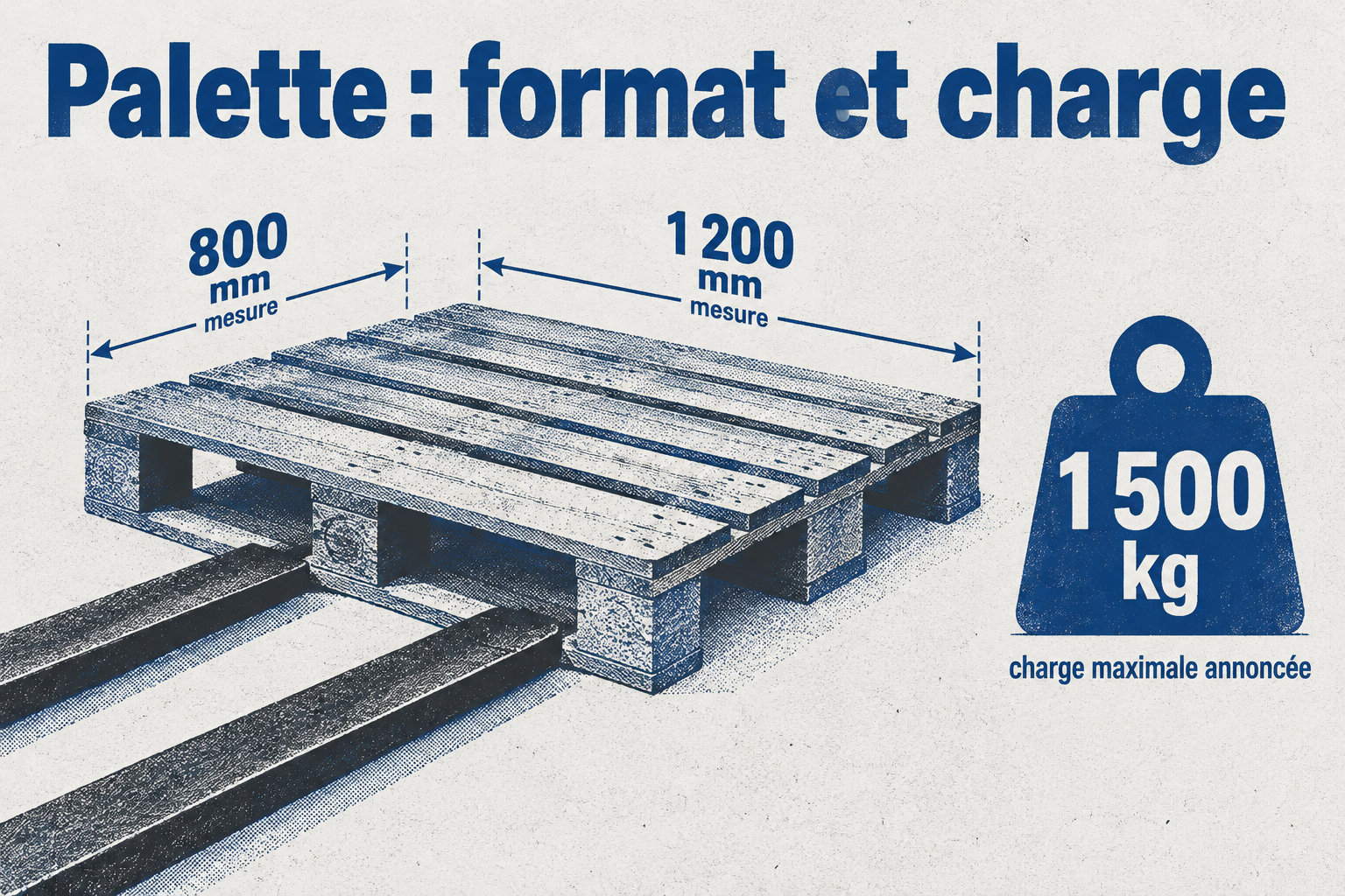 La palette mesure 800 mm par 1 200 mm et sa charge maximale annoncée est de 1 500 kg dans les conditions prévues.